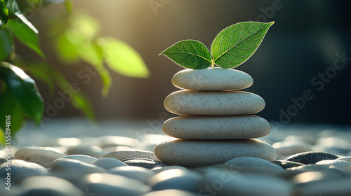 Zen Stone Stack with Green Leaves in Natural Light for Wallpaper or Background
