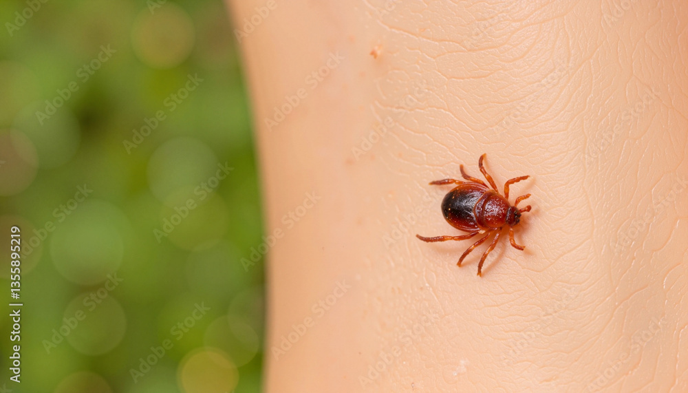 Obraz premium Macro view of a tick on skin in natural light, nature's dangers
