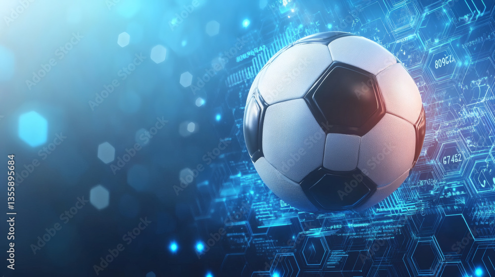 Naklejka premium Futuristic Digital Soccer Ball in Blue Light Abstract Background