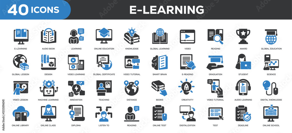 E-learning icons collection. Related education, learning, e-book, school, online class. Solid colors style icons. Vector illustration isolated on white background E-learning icons collection. Related education, learning, e-book, school, online class. Solid colors style icons. Vector illustration isolated on white background