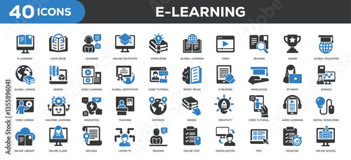 E-learning icons collection. Related education, learning, e-book, school, online class. Solid colors style icons. Vector illustration isolated on white background