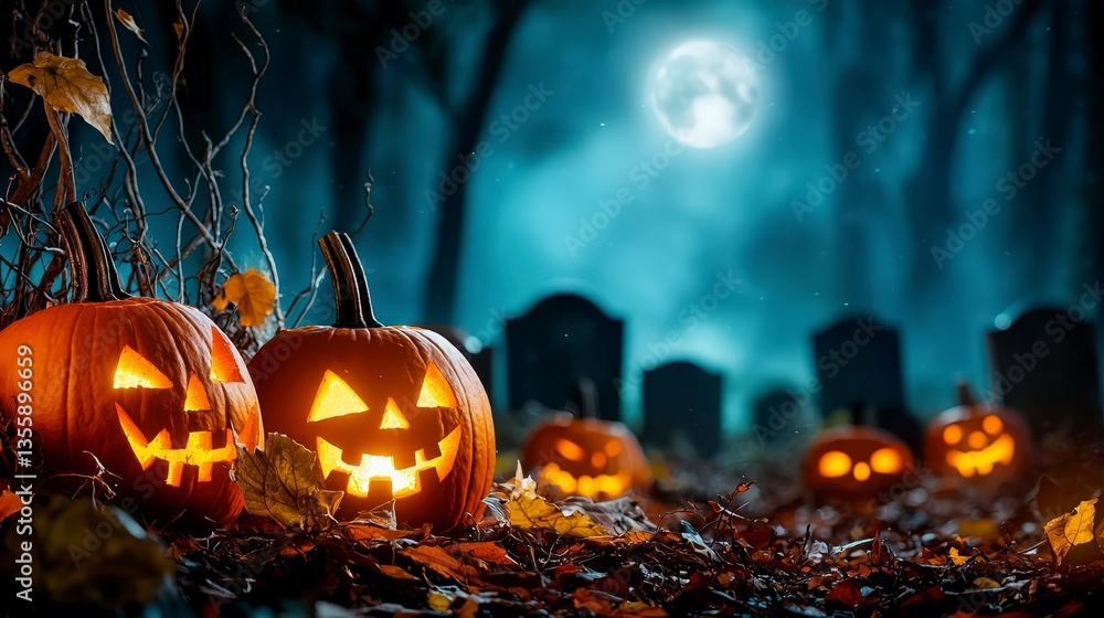 Naklejka premium Spooky Halloween Night Jack o lanterns in Cemetery