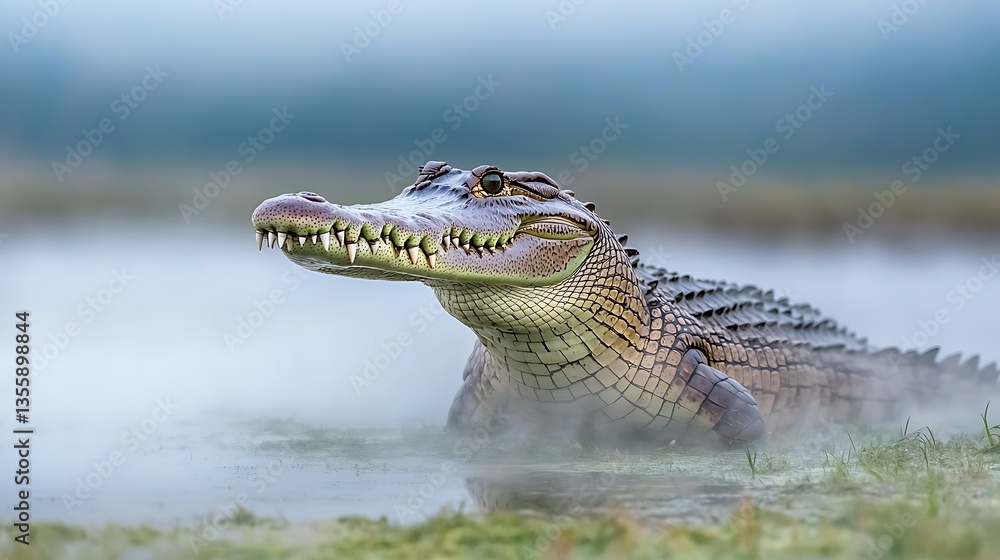 Young Crocodile Dawn Swamp Mist. Young Crocodile Dawn Swamp Mist.