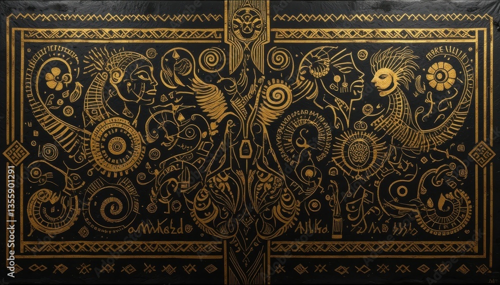 Intricate mythological symbols and designs in black and gold art Intricate mythological symbols and designs in black and gold art