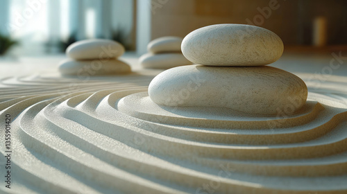 Stacked Zen Stones in Minimalist Sand Garden for Peaceful Background Wallpaper
