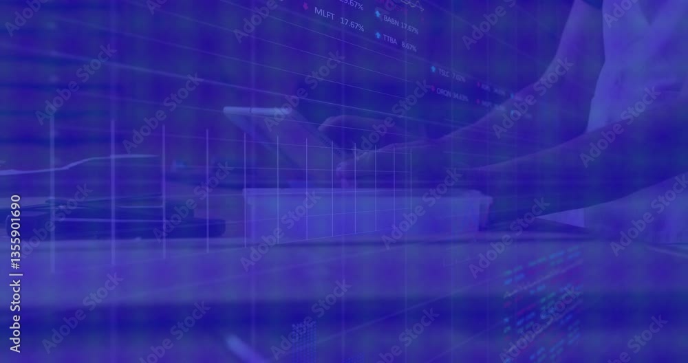 Person using tablet over digital stock market data and graphs animation Person using tablet over digital stock market data and graphs animation