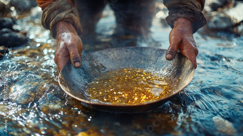 Hands Holding Gold Panning over a Sparkling River Under Daylight Demonstrating the Richness of the Metal and Prospecting for Wealth