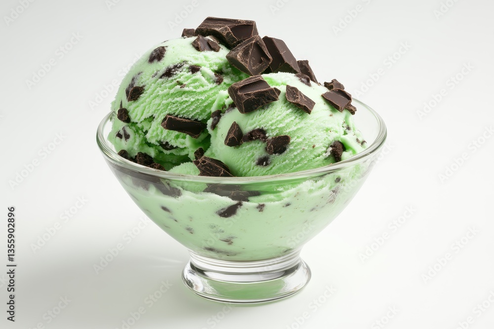 Mint Chocolate Chip Ice Cream in Elegant Glass Bowl with Chocolate Shavings on Top Mint Chocolate Chip Ice Cream in Elegant Glass Bowl with Chocolate Shavings on Top