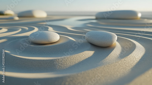 Minimal Zen Garden with White Stones and Sand Patterns for Relaxing Background Wallpaper
