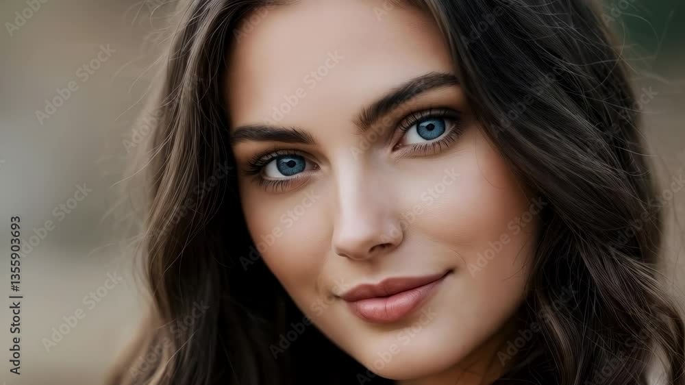 Smiling Pretty Woman with Blue Eyes and Wavy Dark Hair Outdoors. Camera zooms in on her face Smiling Pretty Woman with Blue Eyes and Wavy Dark Hair Outdoors. Camera zooms in on her face