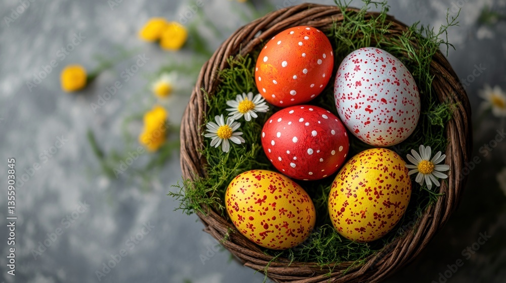 Photo of hand painted colorful Easter eggs in a basket with first spring flowers on a white background,top view Photo of hand painted colorful Easter eggs in a basket with first spring flowers on a white background,top view
