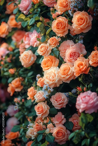 A lush and vibrant display of colorful roses blossoming beautifully outdoors