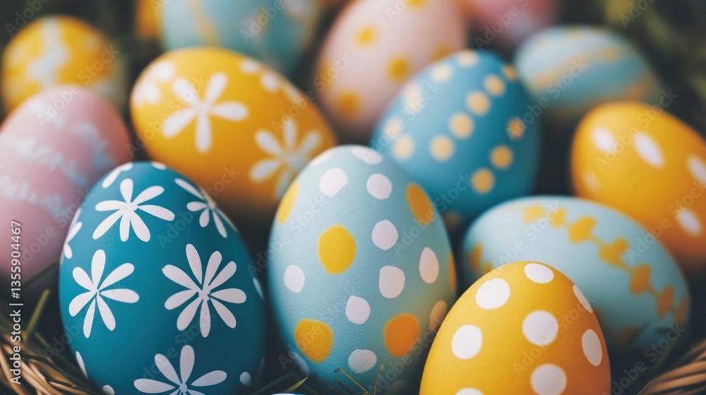 Close up of colorful Easter eggs in a basket, with copy space Close up of colorful Easter eggs in a basket, with copy space
