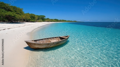 Pristine beach with wooden boat. Crystal-clear turquoise water laps gently against a pristine white sand beach. A weathered wooden boat rests gently in the shallows photo