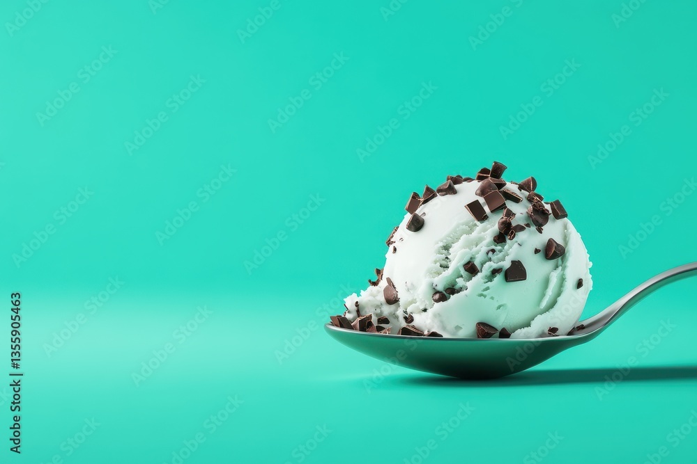 Refreshing Mint Chocolate Chip Ice Cream Scoop on a Spoon Against a Vibrant Turquoise Background Refreshing Mint Chocolate Chip Ice Cream Scoop on a Spoon Against a Vibrant Turquoise Background