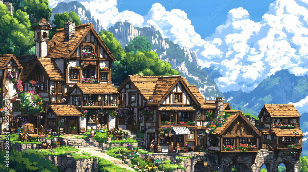Fototapeta premium Pixelated Charming European Village In Mountains