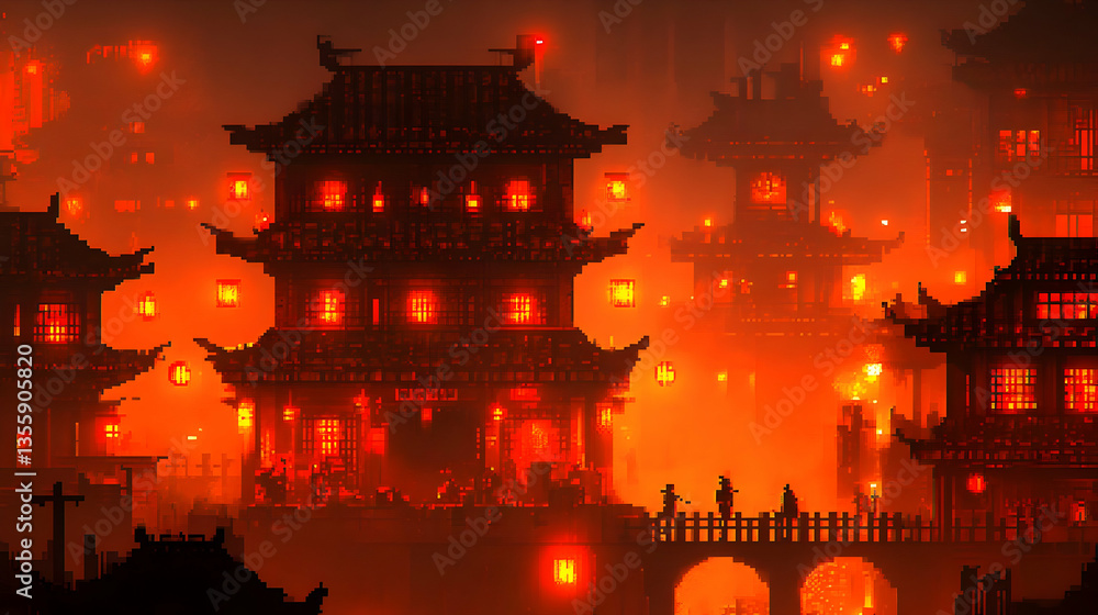 Fototapeta premium Pixelated Chinese Cityscape At Night With Red Glowing Lights