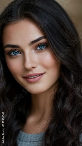 Wallpaper Mural Smiling Beautiful Woman with Blue Eyes and Dark Hair. Camera zooms in on her face. Vertical video Torontodigital.ca