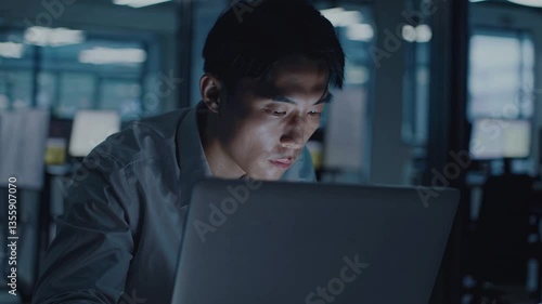 Korean Man Working Late Night in Deep Focus