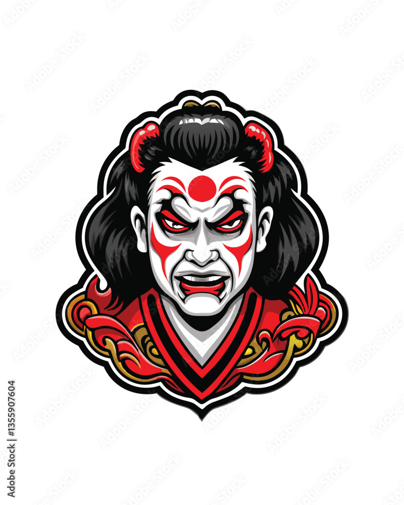A captivating close-up portrait of a Kabuki actor, intensely expressive, showcasing elaborate costume, vibrant makeup, and theatrical wig. A captivating close-up portrait of a Kabuki actor, intensely expressive, showcasing elaborate costume, vibrant makeup, and theatrical wig.