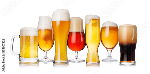Murais de parede An assortment of beer glasses filled with different types of beer, isolated on a