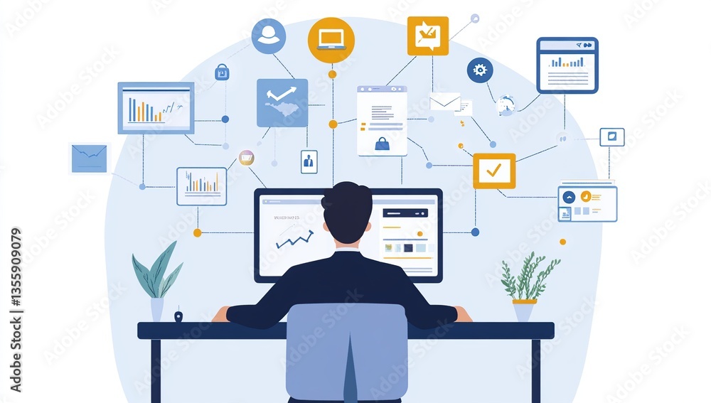 Businessman Working at Desk with Multiple Digital Screens and Data Visualizations Businessman Working at Desk with Multiple Digital Screens and Data Visualizations