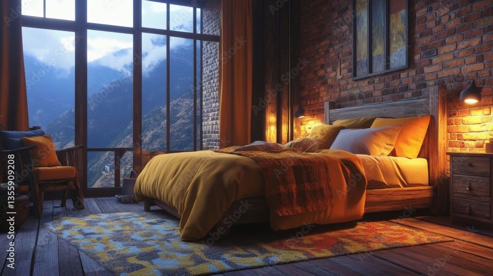 Rustic bedroom interior with mountain view and cozy atmosphere, inviting relaxation Rustic bedroom interior with mountain view and cozy atmosphere, inviting relaxation