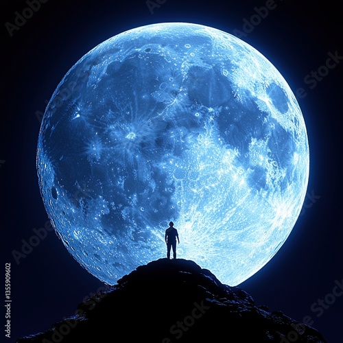 lone figure stands on hill, silhouetted against large, glowing blue moon