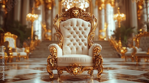 Ornate gold throne in grand palace hall.