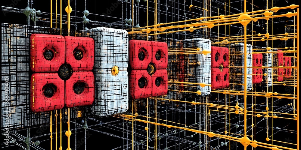 Obraz premium Abstract geometric shapes and network architecture within digital art