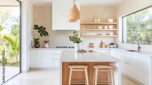 A stylish tropical kitchen with organic textures and soft lighting