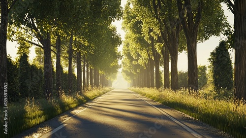 A peaceful countryside road with tall green trees lining the sides