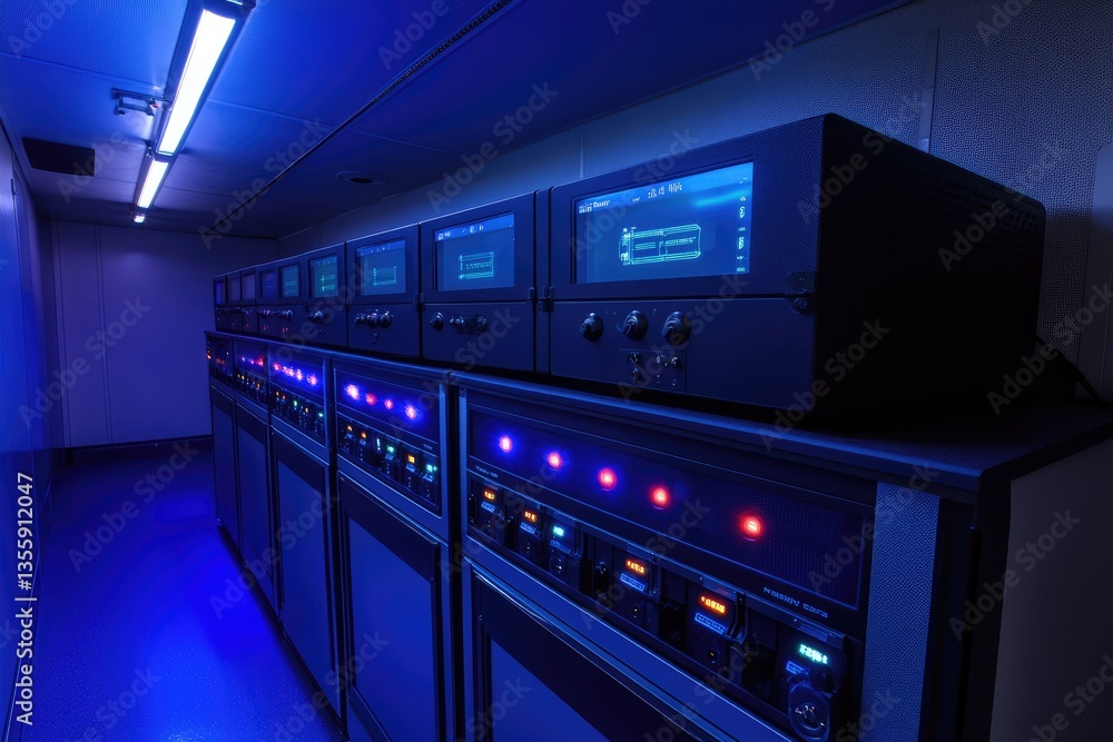 Fototapeta premium Inside the Illuminated Server Room A Glimpse into Modern Data Infrastructure and Tech.