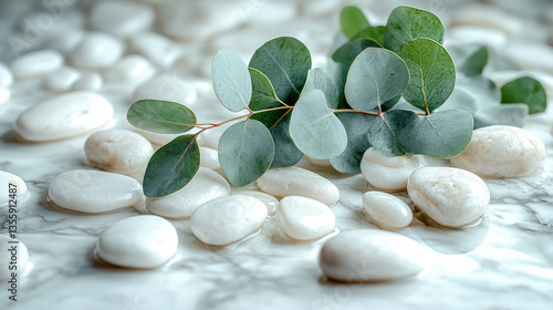 Eucalyptus Branch and White Stones on Marble Background Wallpaper