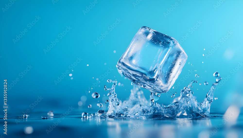 A crystal clear ice cube splashes into water, creating dynamic waves against a calming blue background, evoking refreshment and vitality. A crystal clear ice cube splashes into water, creating dynamic waves against a calming blue background, evoking refreshment and vitality.