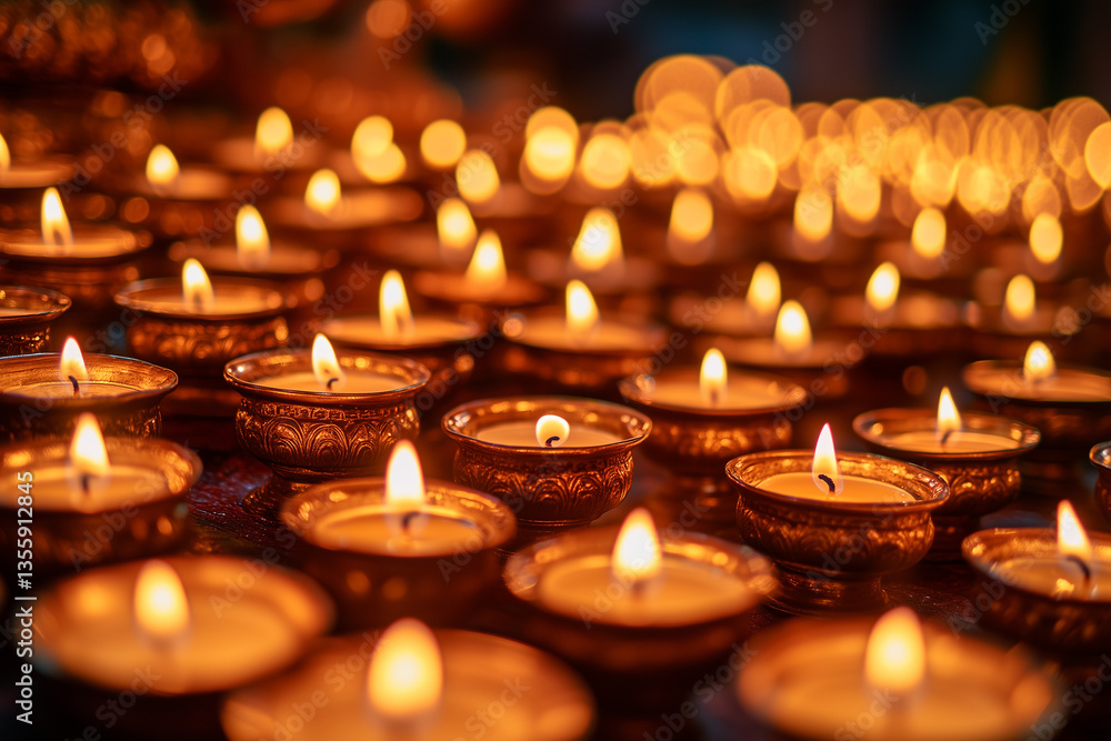 Many burning candles close up. Vesak day, Buddha Purnima or Diwali festival. Many lights in the temple, magical atmosphere, bokeh, dark background. Many burning candles close up. Vesak day, Buddha Purnima or Diwali festival. Many lights in the temple, magical atmosphere, bokeh, dark background.