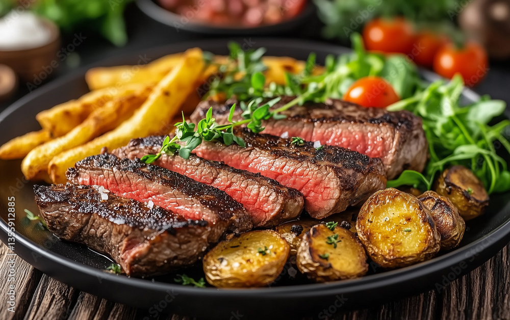 Grilled Steak with French Fries and Roasted Potatoes on a Black Plate. Grilled Steak with French Fries and Roasted Potatoes on a Black Plate.