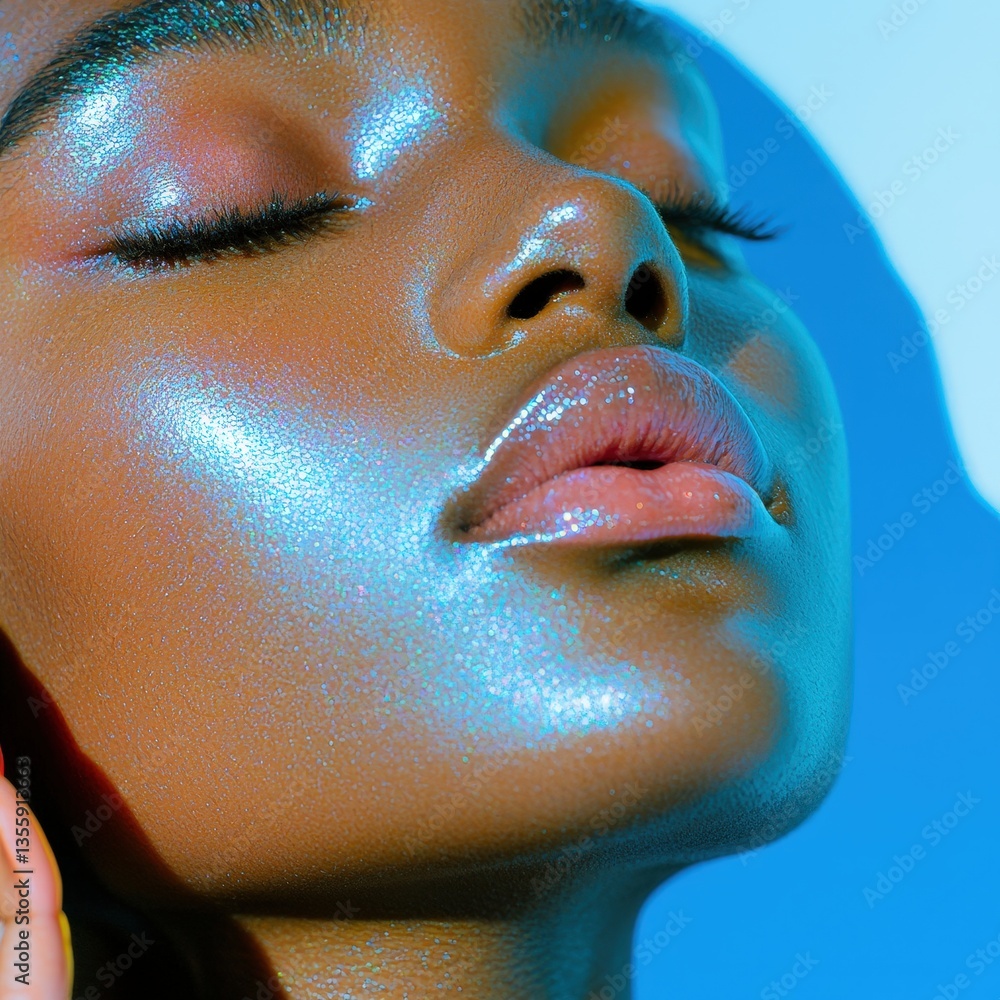 Obraz premium Confident woman posing against a striking blue background with a bright and vibrant expression