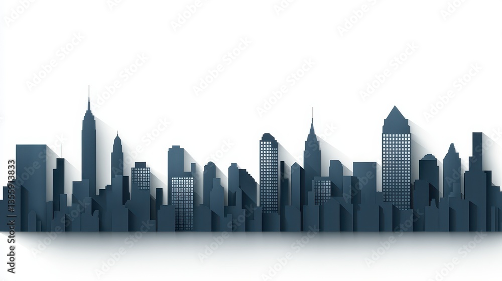 Modern City Skyline Silhouette with Shadows on White Background Modern City Skyline Silhouette with Shadows on White Background