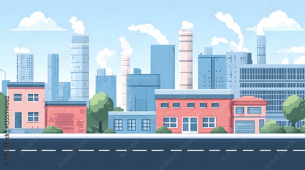 Pixelated Cityscape With Modern Buildings And Factories Pixelated Cityscape With Modern Buildings And Factories