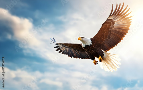 A majestic eagle soars across the sky, showcasing its powerful wings and sharp eyesight in the bright sunlight.