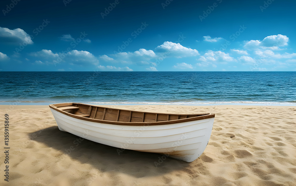 Naklejka premium A serene beach scene featuring a lonely wooden boat resting on golden sand with a stunning blue sky and calm ocean in the background.