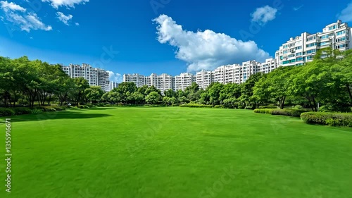 Serene Green Lawn with Modern Apartments Background