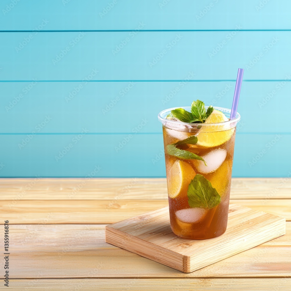 Fototapeta premium Refreshing drink placed on a wooden table surrounded by natural light and inviting atmosphere