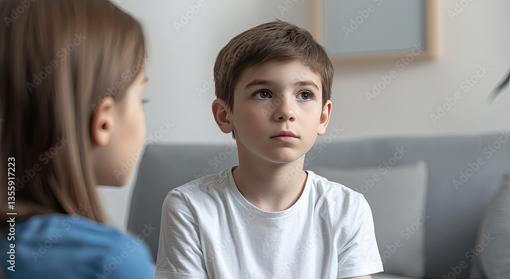 Two children sitting on couch, looking thoughtful Two children sitting on couch, looking thoughtful