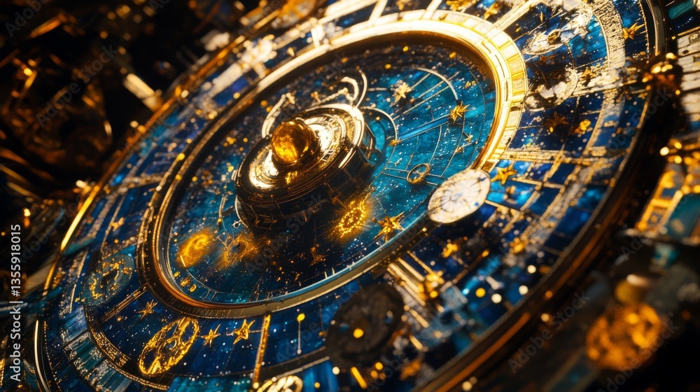 Fototapeta premium Explore the beauty of celestial design. A stunning representation of the universe and time intertwined. Perfect for astrology and timepiece enthusiasts. Generative AI