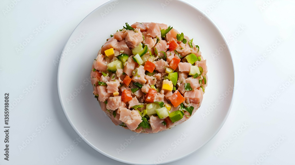 Tuna tartare with colorful vegetables. Finely chopped raw tuna mixed with diced cucumber, avocado, tomato, bell pepper, and herbs, shaped into a neat round form on a white plate. Tuna tartare with colorful vegetables. Finely chopped raw tuna mixed with diced cucumber, avocado, tomato, bell pepper, and herbs, shaped into a neat round form on a white plate.