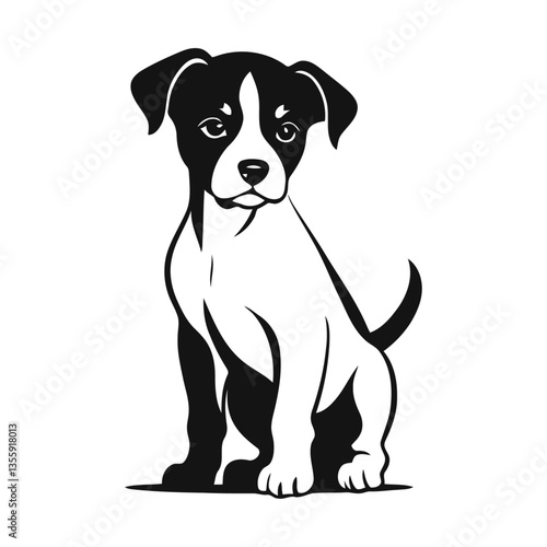 A black and white vector silhouette of a tiny dog with a sorrowful gaze, its tail wrapped around its body on a white background