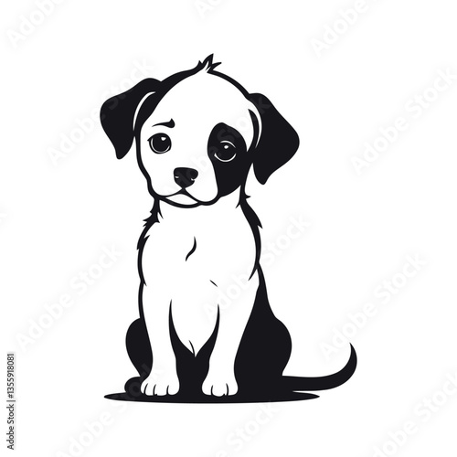 A minimalistic black and white vector illustration of a heartbroken baby dog with lowered ears on a clean white background