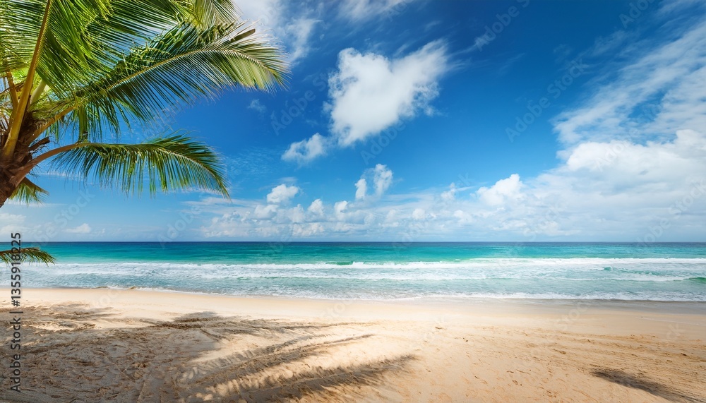 Obraz premium coconut palms swaying on sandy beach under bright blue sky with clouds and ocean waves creating a tropical paradise atmosphere